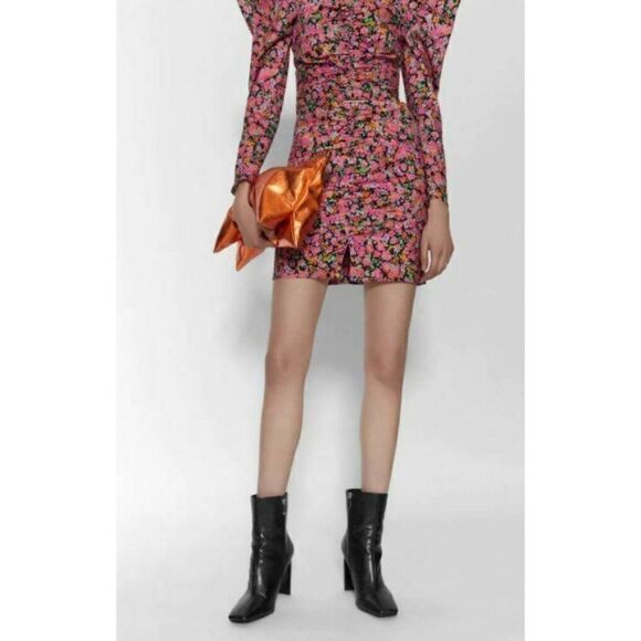 Zara Womens Mini Skirt Draped Ruched M Pink Black - Picture 2 of 8